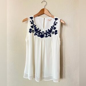 Under Skies Ivory and Dark Navy Embroidered Flowers Blouse